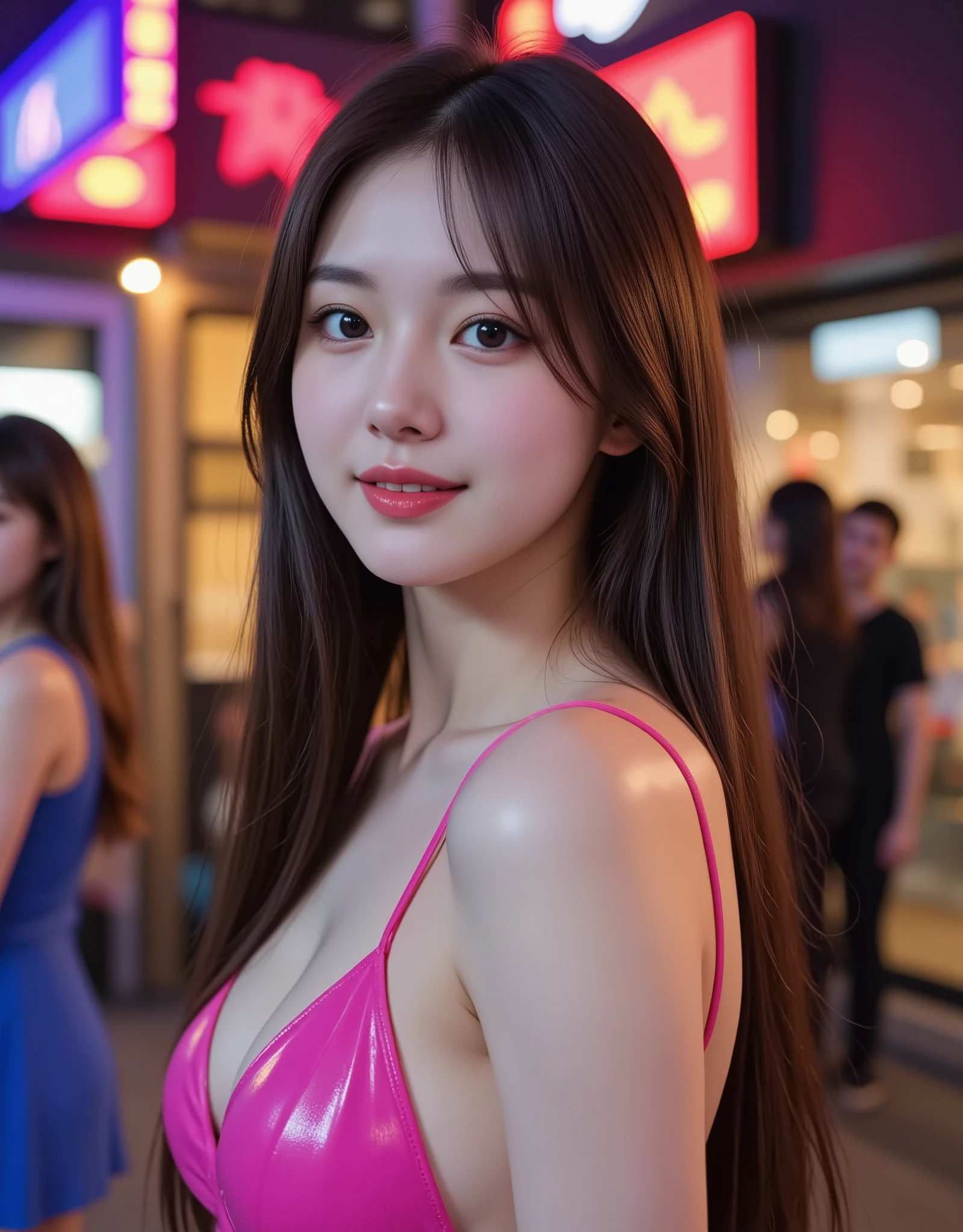 (16k,  surreal, masterpiece:1.30),  female idols、美しい日本の female idols, ( Clear Focus :1.5),  has a smiling face 、Full body esbian、 SHINY SEXY LATEX DRESS（Neon Fuchsia）、Multi-coloured hair、  conceptual art  ,  High Quality , Realistic,  Extremely Detailed CG Integrated 8K Wallpaper,  several people having fun with each other while having very detailed ,  high-definition raw color photo ,  professional photo shoot, Realistic portrait, Cinematic Light,  beautiful details, Super detailed,   high detail , (((Bokeh))),  depth of field, illumination, NEON CITY STREET ,  ULTRA STYLISH LIGHTING 