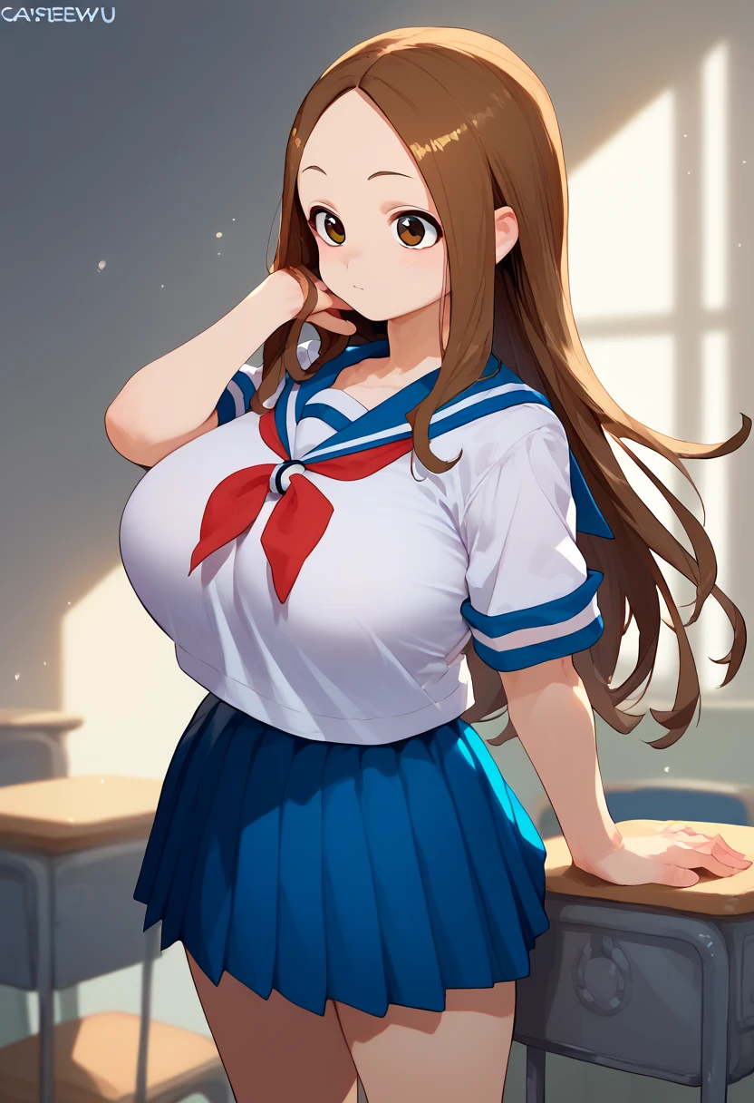 score_9, score_8_up, score_7_up, 1girl, solo,  Takagi, brown hair, brown eyes, long hair, white serafuku,  blue stripes, blue skirt, red necktie、huge breast、笑み