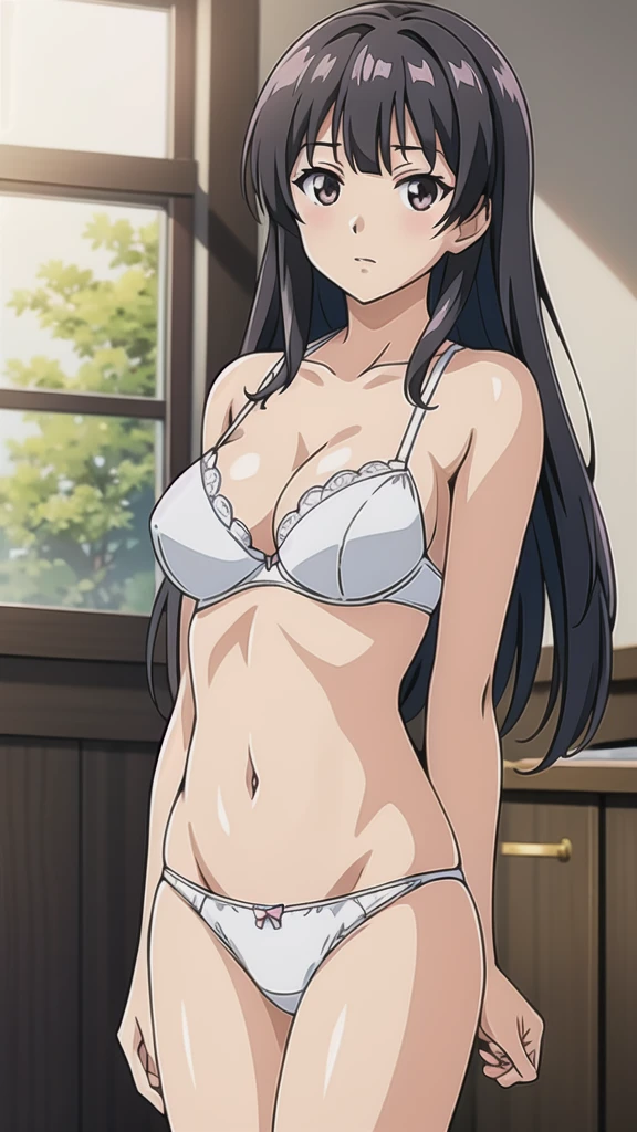 Iwashita Kanna、Age 19、 black hair、Long Hair、悲しいface、Brown Eyes 、 Full Body Style 、 normal breasts、、 narrow waist 、Bare legs、In underwear、、 upper body bra、 white bra、lower body panties ，White ribbon panties，White pumps、 Official Art, Extremely Detailed CG Unity 8k Wallpaper, full light,  colorful , bright _ Front_face_Lighting,  shiny skin, ( masterpiece:1.0),(Highest_quality:1.0), 超 Hi-Res,4K, super detailed photo shoot, 8k,  Hi-Res,  Hi-Res,  absurd:1.2,  Kodak Portra 400, film grain,  blurry background, Bokeh:1.2,  lens flare , ( lively_ color:1.2), Professional photography, Anime Images、