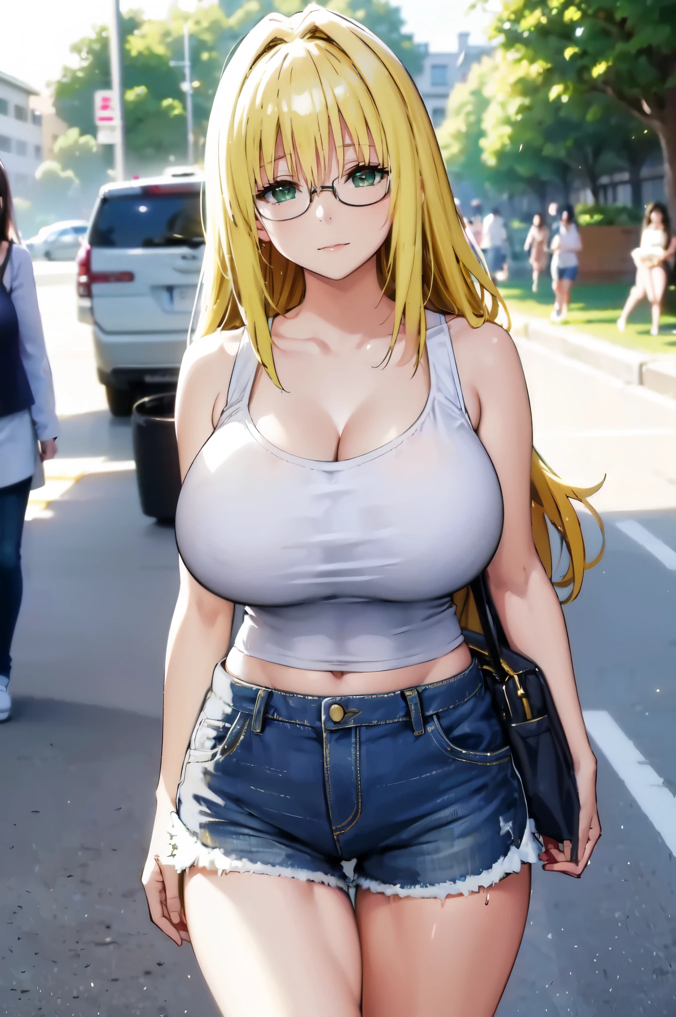 blonde hair, very huge tits, (( white tank top, short pants jeans)), ((glasses))), thick, busty, green eyes, long hair, upperbody, smile, legs, thigh, at beach, sky