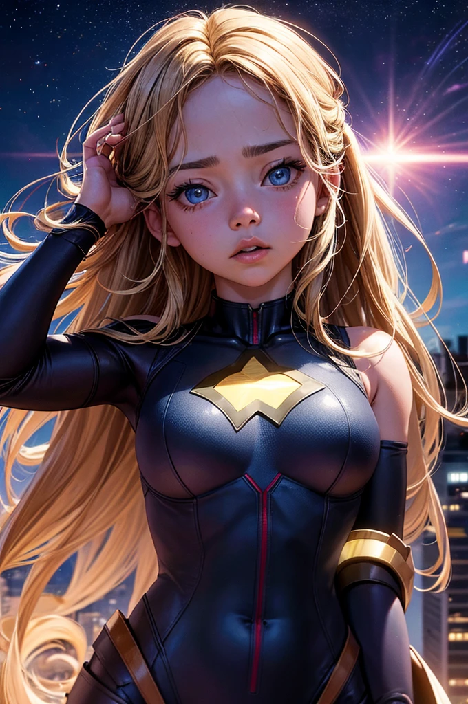 A hyperrealistic, cinematic-still portrait of a superhero, Sydney Sweeney, standing in a heroic pose, with a determined expression and a backdrop of a star-filled night sky. enormous 