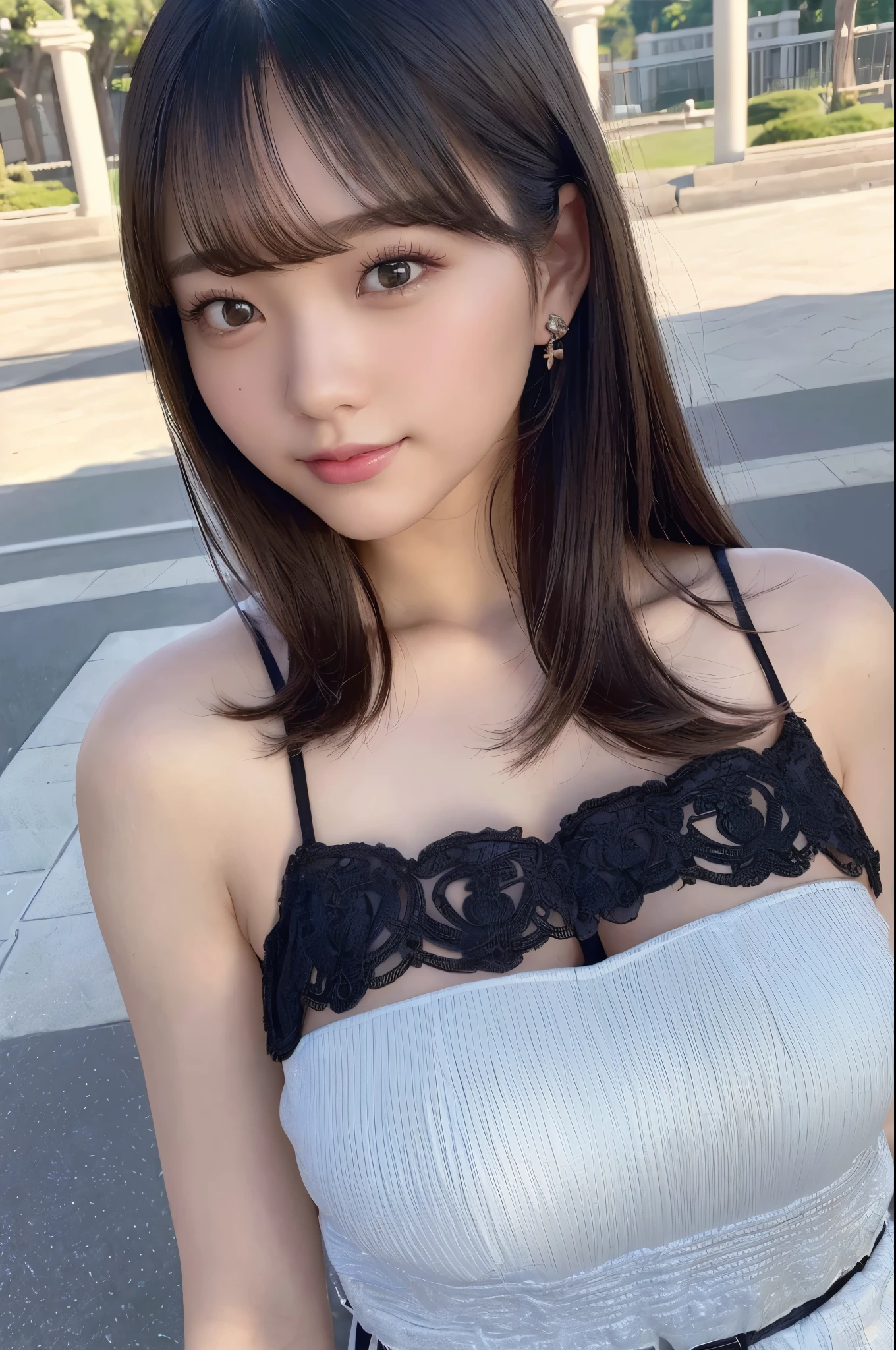 ((top-quality:1.2、8K、photos realistic:1.2、​masterpiece:1.2、super-fine:1.2、Beautuful Women、Back lighting、Highly Detailed face Textures、detailed beauty makeup、real looking skin、Detailed double eyelids、Black eyes、huge smile、Detailed bangs))、Light blue bikini、Bare arms、:1.2)、(Park background)、(Bright shiny black and detailed bright princess cut hair)、((cowboy  shot))、((low  angle shot))