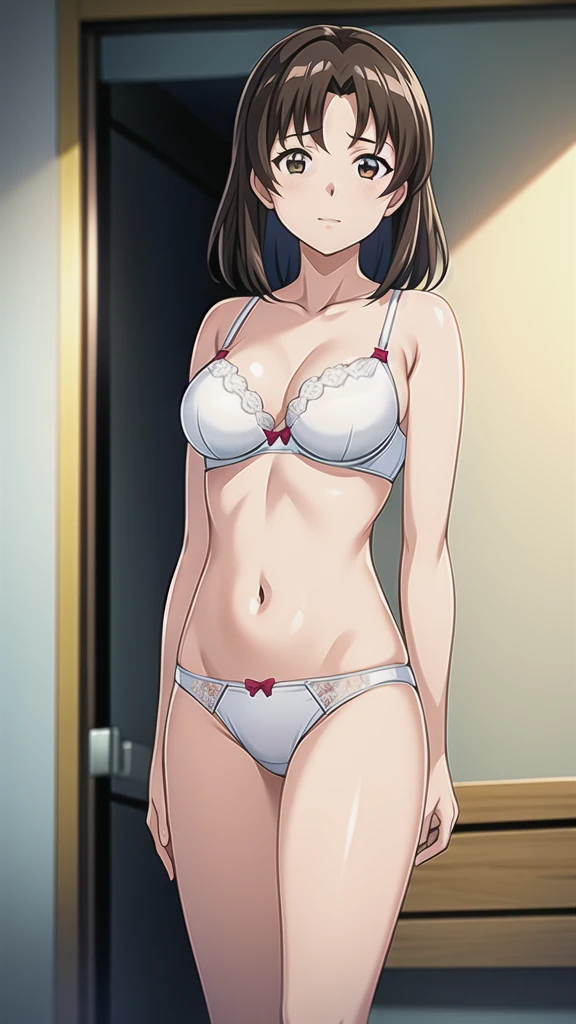 Shimizu Kaori、22 years old、Brown Hair、 shortcut、、悲しいface、Brown Eyes 、 Full Body Style 、 normal breasts、、 narrow waist 、Bare legs、In underwear、、 upper body bra、 white bra、lower body panties ，White ribbon panties，White pumps、 OFFICIAL ART, Extremely Detailed CG Unity 8k Wallpaper, full light,  colorful , bright _ Front_face_Lighting,  shiny skin, ( masterpiece:1.0),(Highest_quality:1.0), 超 Hi-Res,4K, super detailed photo shoot, 8k,  Hi-Res,  Hi-Res,  absurd:1.2,  Kodak Portra 400, film grain,  blurry background, Bokeh:1.2,  lens flare , ( lively_ color:1.2), Professional photography, Anime Images、