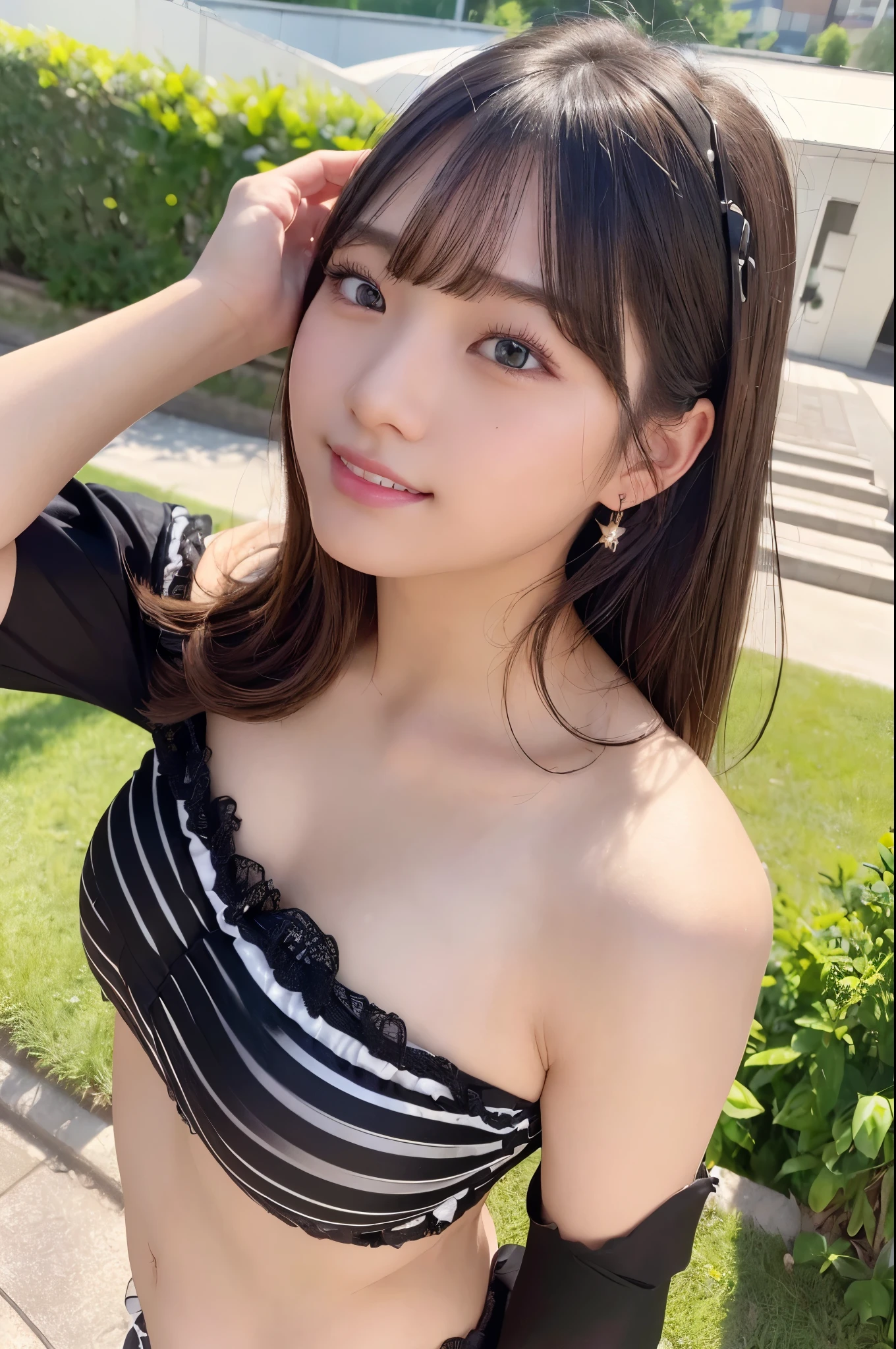 ((top-quality:1.2、8K、photos realistic:1.2、​masterpiece:1.2、super-fine:1.2、Beautuful Women、Back lighting、Highly Detailed face Textures、detailed beauty makeup、real looking skin、Detailed double eyelids、Black eyes、huge smile、Detailed bangs))、Light blue bikini、Bare arms、:1.2)、(Park background)、(Bright shiny black and detailed bright princess cut hair)、((cowboy  shot))、((low  angle shot))