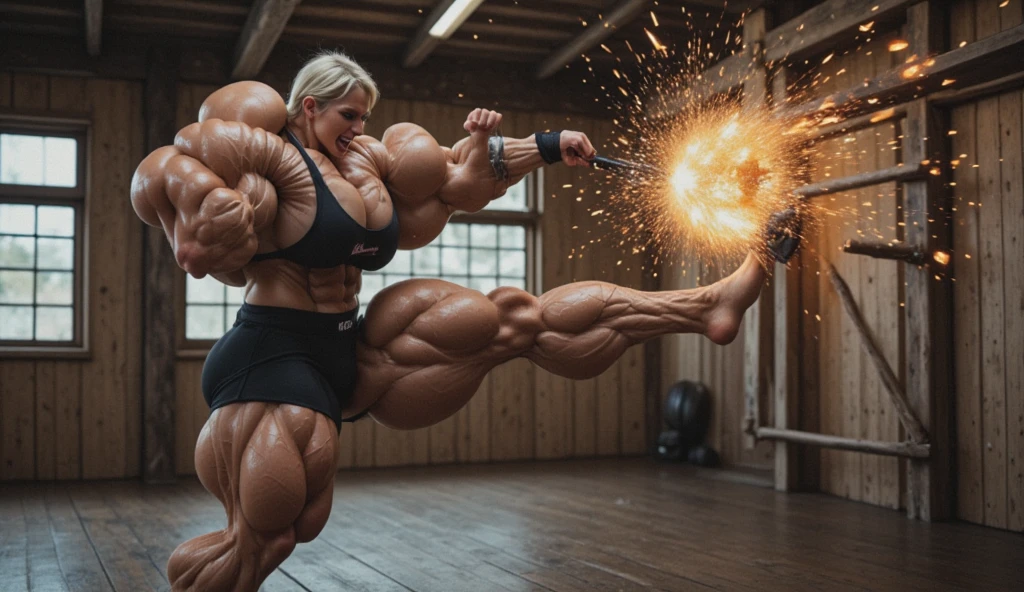 Astrid Bjornsson, the Icelandic model with extraordinary muscle definition, is caught in an action-packed moment as she stands in a martial arts training room. The camera angle is set to capture the full intensity of the action in a dramatic 16:9 shot, highlighting her immense strength and power.

Her face is contorted in a fierce expression as she delivers a powerful kick to a wooden board, the impact breaking it into two pieces. Astrid’s eyes are narrowed in concentration, and her mouth is open in a violent, raw scream of effort. Her platinum blonde hair flies outwards with the intensity of the moment, showcasing the fury and strength behind her kick.

Her upper body is muscular, yet graceful, with her sleeveless athletic top hugging her powerful frame. Her legs, the true centerpiece of her strength, are shown in full detail as her muscular quads and calves flex with immense power during the strike. The sheer force of her kick not only breaks the board but sends splinters flying in all directions.

She is wearing black combat shorts, and top which fit snugly around her waist, and her bare feet are firmly planted on the ground for balance, showcasing her massive, sculpted calves. The entire room has a sense of tension and energy, reflecting Astrid’s incredible power and control, with the focus firmly on her powerful legs, which carry the brunt of her immense strength.