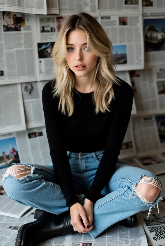 aesthetic posing, a young woman sitting on the floor in front of a large pile of newspapers. She is wearing a black long-sleeved top, ripped blue jeans, and black ankle boots. Her blonde hair is styled in loose waves and she is looking directly at the camera with a serious expression on her face. The newspapers around her are scattered around her, covering the entire floor. The overall mood of the image is casual and relaxed.