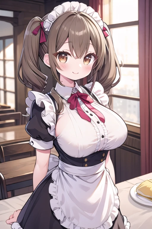 Solo Girl,Twin tail hair, Light brown hair, Brown eyes, Center of chest, Highest quality, High resolution, Very detailed, Detailed Background, Perfect lighting、Inside the maid café、Are standing,Holding an omelet,Put on the table,Cute maid outfit、very cute,Large Breasts,Cute eyes,Puffy eyes,smile,