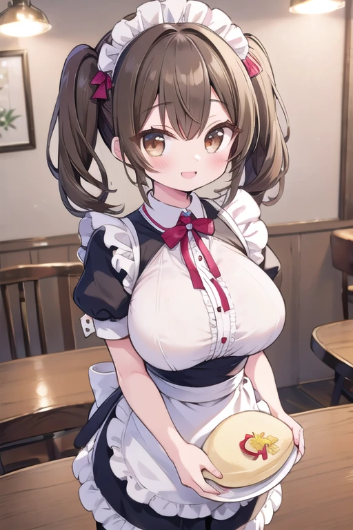 Solo Girl,Twin tail hair, Light brown hair, Brown eyes, Center of chest, Highest quality, High resolution, Very detailed, Detailed Background, Perfect lighting、Inside the maid café、Are standing,Holding an omelet,Put on the table,Cute maid outfit、very cute,Large Breasts,Cute eyes,Puffy eyes,smile,