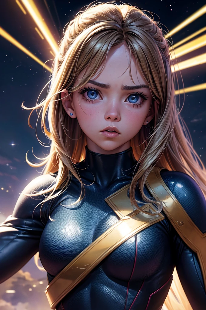 A superhero portrait of Sydney Sweeney, determined expression, heroic pose, star-filled night sky backdrop, cinematic, hyperrealistic, photorealistic, high-resolution, 8K, masterpiece, ultra-detailed, sharp focus, physically-based rendering, extreme detail, vivid colors, dramatic lighting, cinematic atmosphere