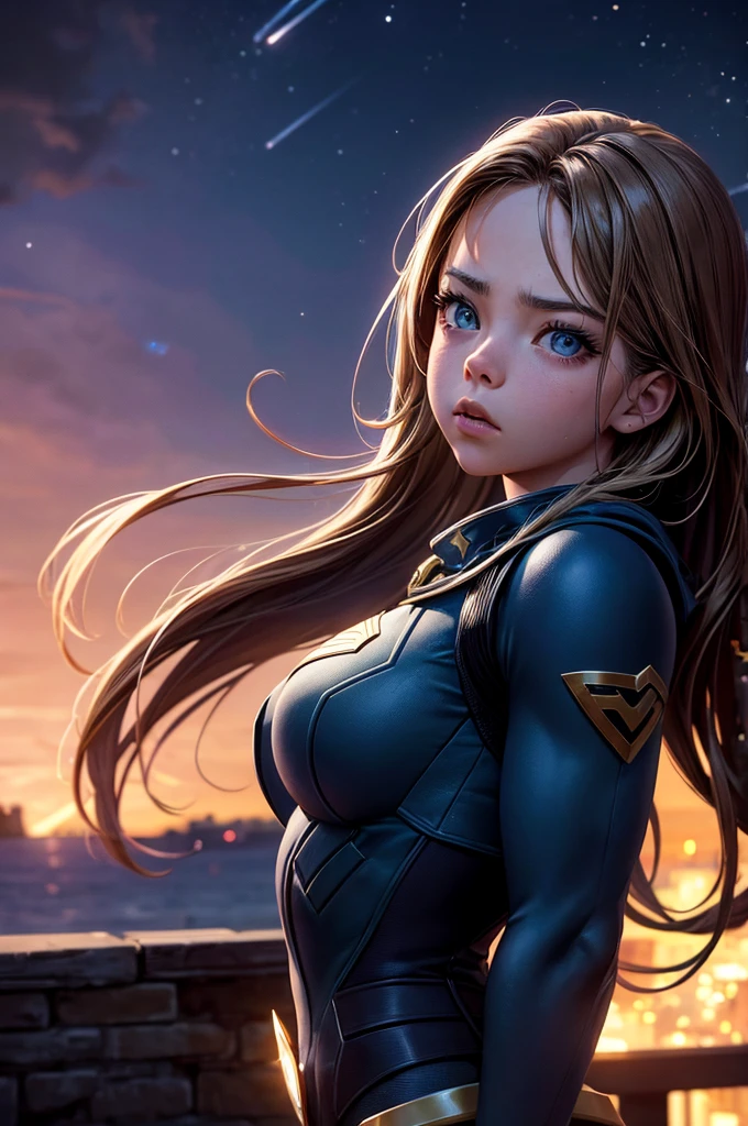 A superhero portrait of Sydney Sweeney, determined expression, heroic pose, star-filled night sky backdrop, cinematic, hyperrealistic, photorealistic, high-resolution, 8K, masterpiece, ultra-detailed, sharp focus, physically-based rendering, extreme detail, vivid colors, dramatic lighting, cinematic atmosphere