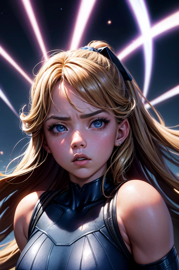 A superhero portrait of Sydney Sweeney, determined expression, heroic pose, star-filled night sky backdrop, cinematic, hypermuscular, hyperrealistic, photorealistic, high-resolution, 8K, masterpiece, ultra-detailed, sharp focus, physically-based rendering, extreme detail, vivid colors, dramatic lighting, cinematic atmosphere