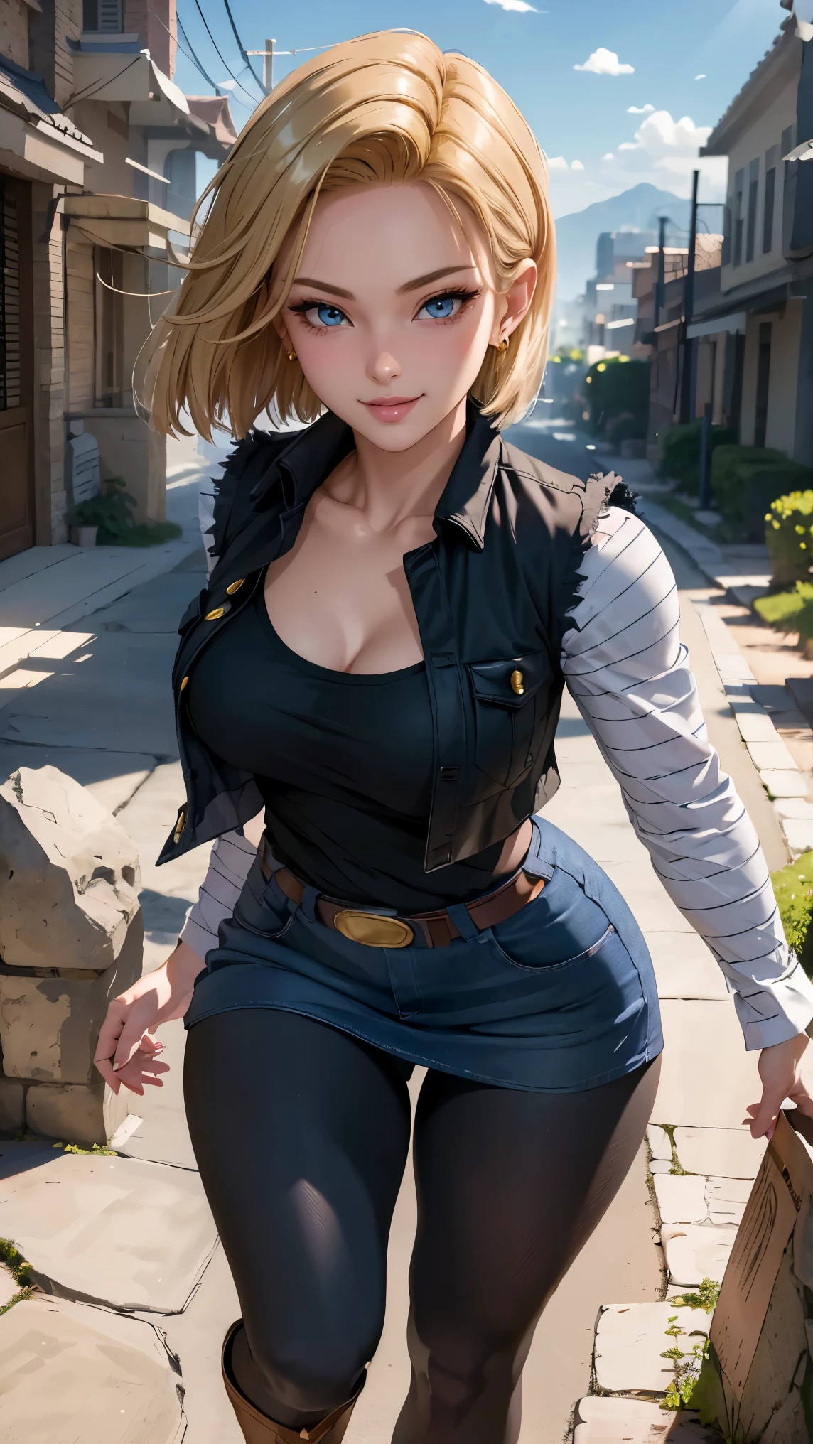 Android 18 da Dragon Ball Z,(best qualityer,4K,8k,high resolution,work of art:1.2)(weather: windy),battle ruins background, black shirt, striped sleeves, earrings, denim vest, denim skirt, pantyhose, brown boots, belt,short hair,ultra detailed,realisitic,portraite,beautiful detailed blue eyes, glowing eyes,blush,beautiful detailed lips,extremely detailed eye and face, long eyelashes,sexly,average, medium breasts,beaming smile, sexy smile,powerful girl in a battle, combat pose,stunning curves,bright coloured,dramatic lighting,
