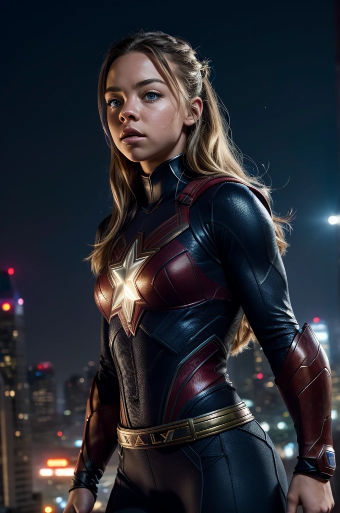 A superhero portrait of Sydney Sweeney, determined expression, heroic pose, star-filled night sky backdrop, cinematic, hypermuscular, hyperrealistic, photorealistic, high-resolution, 8K, masterpiece, ultra-detailed, sharp focus, physically-based rendering, extreme detail, vivid colors, dramatic lighting, cinematic atmosphere