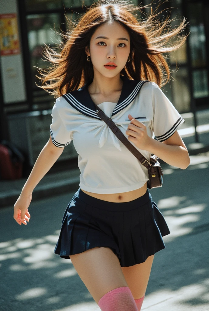 A girl running in a sailor uniform. The girl's face is a very pretty Korean girl. Glamorous girl, leather bag with shoulder straps. The girl's uniform skirt is short enough to show her pubic bone, professional film photo. She smiles at the viewer. The clothes are fluttering very much. Full body photo. full body, HD quality, the skirt is fluttering in the wind, the girl's panties are visible. Pink high-leg panties. Sailor Moon heroine Tsukino Usagi, dramatic lighting,