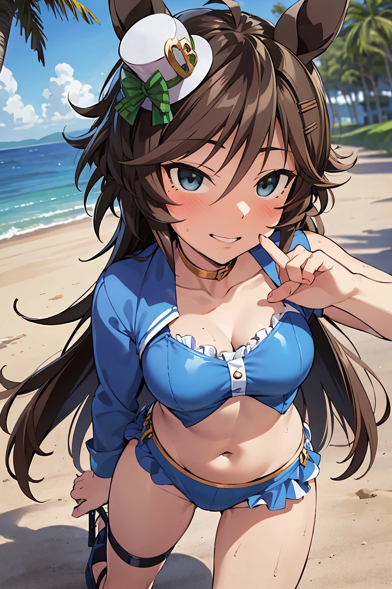 NSFW,masterpiece,Best Quality, Hi-Res, very detailed,mr. c.b. \(Uma Musume\),Embarrassed,blush,Halterneck bikini,Heeled Sandals,beach, palm trees,Beach House