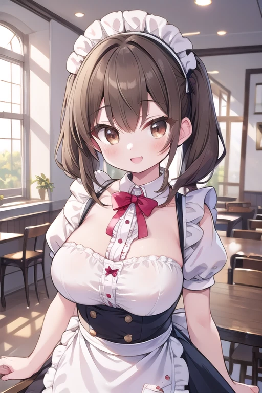 Solo Girl,Twin tail hair, Light brown hair, Brown eyes, Center of chest, Highest quality, High resolution, Very detailed, Detailed Background, Perfect lighting、Inside the maid café、Are standing,Holding an omelet,Put on the table,Cute maid outfit、very cute,Large Breasts,Cute eyes,Puffy eyes,smile,