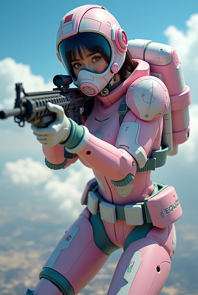 Photographically, Ultra-realistic,  very beautiful Japanese ,  famous Japanese idol but the strongest soldier in the world , 20 years old,  dramatic scene , masterpiece,   beautiful eyes , (Extremely complex 、 extremely complicated Equipped with a cute cyberpunk mech armored full face gas mask in pastel colors。:1.5), ( wearing colorful pastel colored tiles cyberpunk mecha suit 、 neon markers :1.5), (  she uses an ultra-powerful rocket engine on her back to fly fast through the sky  :1.5),  amazing views from the sky , smile,  acrobatic poses,  dynamic angle, (Aim and shoot :1.3),  spectacular and intense aerial combat , Agile Movement, Sharp turns, ( plump breasts), (Ready for battle :1.3), ( holding an M4A1 large assault rifle :1.2),