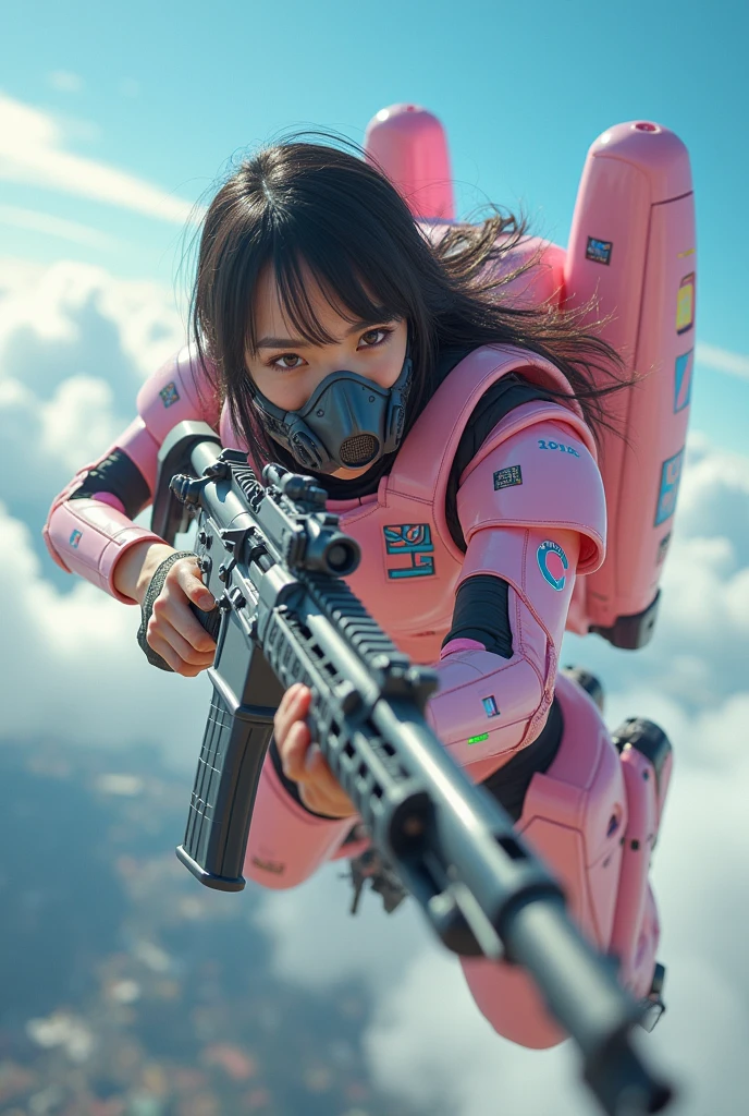 Photographically, Ultra-realistic,  very beautiful Japanese ,  famous Japanese idol but the strongest soldier in the world , 20 years old,  dramatic scene , masterpiece,   beautiful eyes , (Extremely complex 、 extremely complicated Equipped with a cute cyberpunk mech armored full face gas mask in pastel colors。:1.5), ( wearing colorful pastel colored tiles cyberpunk mecha suit 、 neon markers :1.5), (  she uses an ultra-powerful rocket engine on her back to fly fast through the sky  :1.5),  amazing views from the sky , smile,  acrobatic poses,  dynamic angle, (Aim and shoot :1.3),  spectacular and intense aerial combat , Agile Movement, Sharp turns, ( plump breasts), (Ready for battle :1.3), ( holding an M4A1 large assault rifle :1.2),