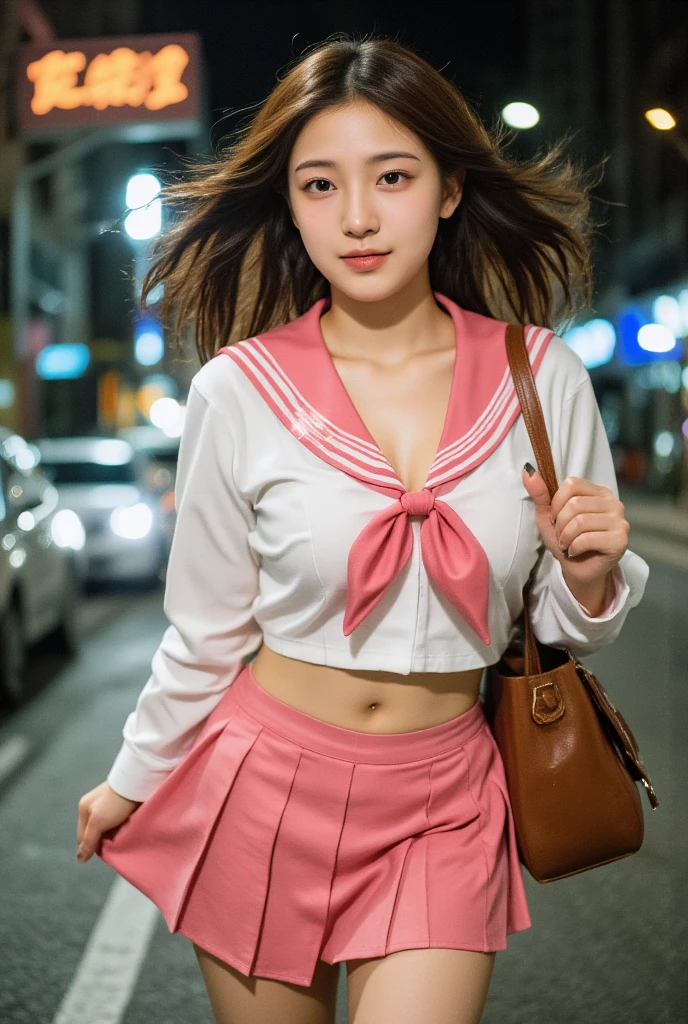 A girl running in a sailor uniform. The girl's face is a very pretty Korean girl. Glamorous girl, leather bag with shoulder straps. Short top showing her navel, short school uniform skirt showing her pubic bone, professional film photo. She smiles at the viewer. The clothes are fluttering very much. Full body photo. full body, HD quality, skirt fluttering in the wind, the girl's panties are visible. Pink high-leg panties. Sailor Moon heroine Tsukino Usagi, dramatic lighting,