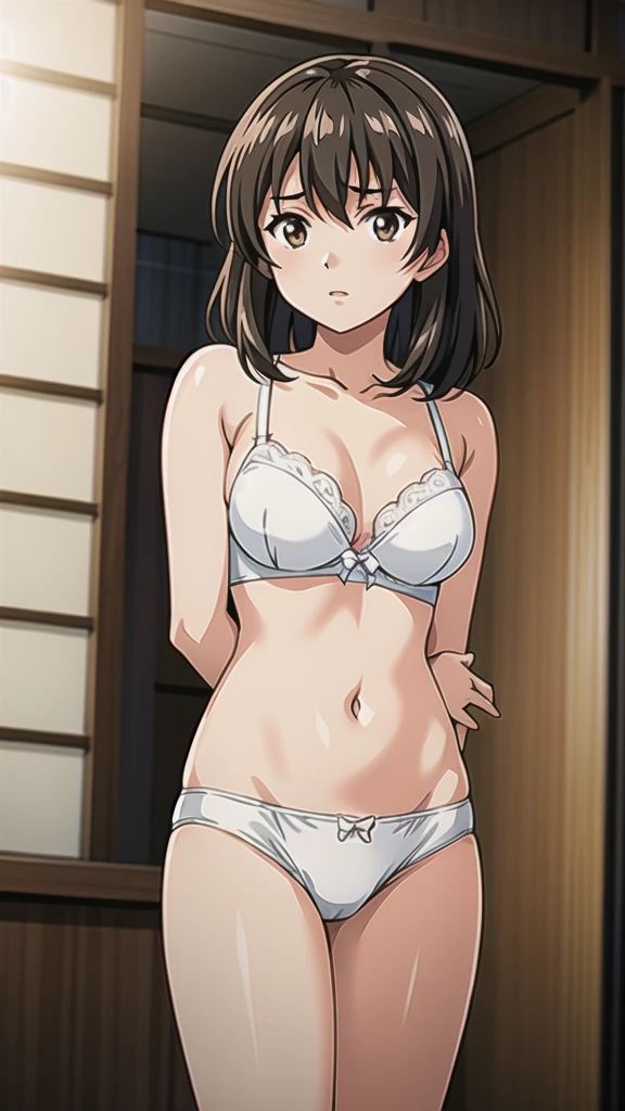 Yui Takasaka、18 years old、 black hair、 medium hair、悲しいface、Brown Eyes 、 Full Body Style 、 normal breasts、、 narrow waist 、Bare legs、In underwear、、 upper body bra、 white bra、lower body panties ，White ribbon panties，White pumps、 Official Art, Extremely Detailed CG Unity 8k Wallpaper, full light,  colorful , bright _ Front_face_Lighting,  shiny skin, ( masterpiece:1.0),(Highest_quality:1.0), 超 Hi-Res,4K, super detailed photo shoot, 8k,  Hi-Res,  Hi-Res,  absurd:1.2,  Kodak Portra 400, film grain,  blurry background, Bokeh:1.2,  lens flare , ( lively_ color:1.2), Professional photography, Anime Images、