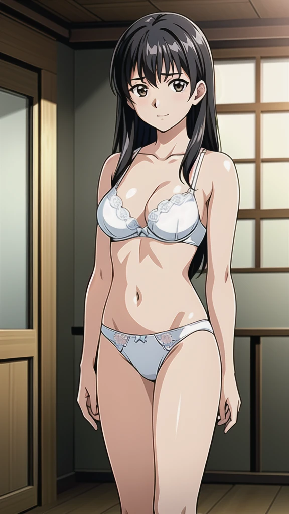 Yamagata Rika、21 years old、 black hair、Long Hair、、悲しいface、Brown Eyes 、 Full Body Style 、 normal breasts、、 narrow waist 、Bare legs、In underwear、、 upper body bra、 white bra、lower body panties ，White ribbon panties，White pumps、 Official Art, Extremely Detailed CG Unity 8k Wallpaper, full light,  colorful , bright _ Front_face_Lighting,  shiny skin, ( masterpiece:1.0),(Highest_quality:1.0), 超 Hi-Res,4K, super detailed photo shoot, 8k,  Hi-Res,  Hi-Res,  absurd:1.2,  Kodak Portra 400, film grain,  blurry background, Bokeh:1.2,  lens flare , ( lively_ color:1.2), Professional photography, Anime Images、