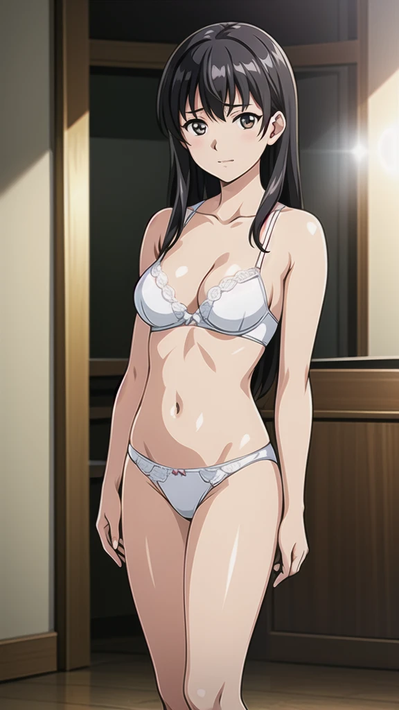 Yamagata Rika、21 years old、 black hair、Long Hair、、悲しいface、Brown Eyes 、 Full Body Style 、 normal breasts、、 narrow waist 、Bare legs、In underwear、、 upper body bra、 white bra、lower body panties ，White ribbon panties，White pumps、 Official Art, Extremely Detailed CG Unity 8k Wallpaper, full light,  colorful , bright _ Front_face_Lighting,  shiny skin, ( masterpiece:1.0),(Highest_quality:1.0), 超 Hi-Res,4K, super detailed photo shoot, 8k,  Hi-Res,  Hi-Res,  absurd:1.2,  Kodak Portra 400, film grain,  blurry background, Bokeh:1.2,  lens flare , ( lively_ color:1.2), Professional photography, Anime Images、