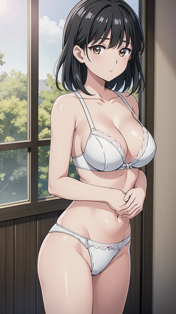 Seiko Nakahara、Age 19、 black hair、 shortcut、悲しいface、Brown Eyes 、 Full Body Style 、 normal breasts、、 narrow waist 、Bare legs、In underwear、、 upper body bra、 white bra、lower body panties ，White ribbon panties，White pumps、 Official Art, Extremely Detailed CG Unity 8k Wallpaper, full light,  colorful , bright _ Front_face_Lighting,  shiny skin, ( masterpiece:1.0),(Highest_quality:1.0), 超 Hi-Res,4K, super detailed photo shoot, 8k,  Hi-Res,  Hi-Res,  absurd:1.2,  Kodak Portra 400, film grain,  blurry background, Bokeh:1.2,  lens flare , ( lively_ color:1.2), Professional photography, Anime Images、