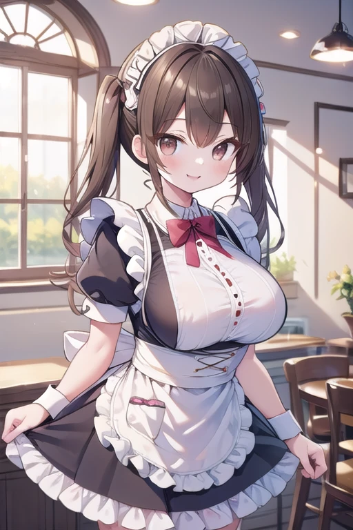 Solo Girl,Twin tail hair, Light brown hair, Brown eyes, Center of chest, Highest quality, High resolution, Very detailed, Detailed Background, Perfect lighting、Inside the maid café、Are standing,Holding an omelet,Put on the table,Cute maid outfit、very cute,Large Breasts,Cute eyes,Puffy eyes,smile,