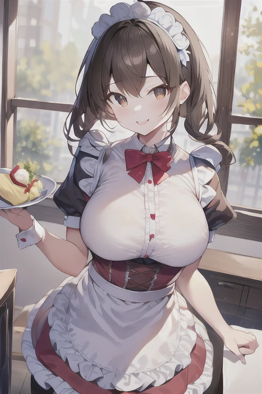 Solo Girl,Twin tail hair, Light brown hair, Brown eyes, Center of chest, Highest quality, High resolution, Very detailed, Detailed Background, Perfect lighting、Inside the maid café、Are standing,Holding an omelet,Put on the table,Cute maid outfit、very cute,Large Breasts,Cute eyes,Puffy eyes,smile,