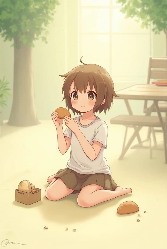 Old house in Japan,kitchen,smile,close your eyes,1. small  ,short hair,Black Hair,blush,White T-shirt,Olive green shorts,barefoot,White skin,From below,morning,sitting on a wooden chair,Eat bread,