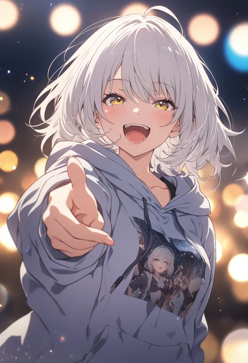 masterpiece, Best Quality, high resolution CG Unity 8K wallpaper , High girl anime illustration. wearing an oversized hoodie , pointing finger gun gestures at the audience, Close your eyes, with a ballpoint pen . background is a pale pastel landscape , White Hair Color, yellow eyes, Bokeh Photo, ( soft focus ): 1.2, Highlight blur , Fantastic Atmosphere , Shining circle, Fascinating Depth, The background is also realistic , border is written depth , Open your mouth with a smile