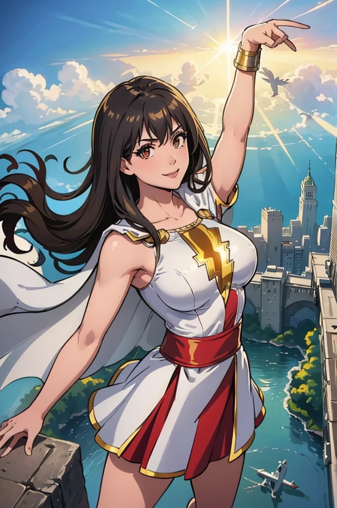 masterpiece, best quality,  mary marvel, white cape, red dress, red skirt, short sleeves, bracer, large breasts, smile, looking at viewer, blue sky, clouds, cityscape, (flying:1.4), upper body, from above, arm up, fist, hand to hip