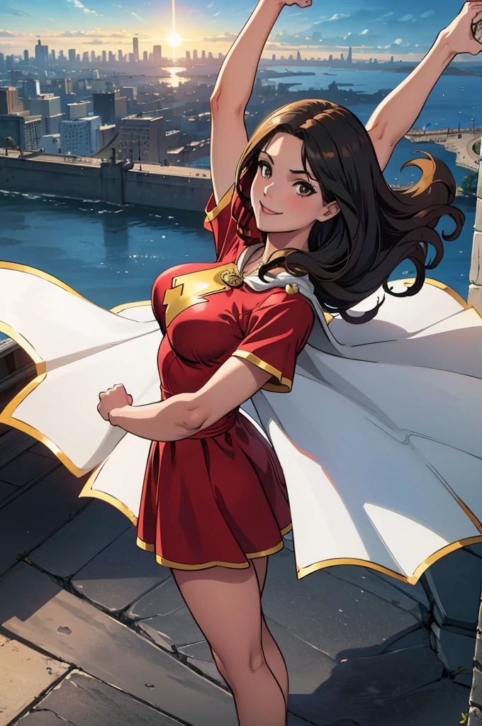 masterpiece, best quality,  mary marvel, white cape, red dress, red skirt, short sleeves, bracer, large breasts, smile, looking at viewer, blue sky, clouds, cityscape, (flying:1.4), upper body, from above, arm up, fist, hand to hip