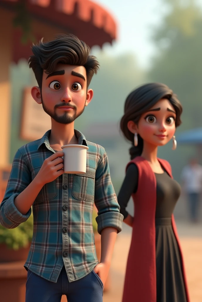 Generate 3D image of 20 years old boy with height 6.2 and semicarly hair trimmer  beard and blue and grey checked shirt blue pant drinking coffee. 19 years old girl with height 5.4 loose hair and small clip in that hair in black dress red dupatta standing near a canteen and  I am seeing that boy. Generate in some Indian face cut