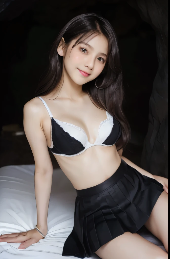 ((masterpiece)), ((4 woman group:1.2)),(detailed),(perfect face),(thin),((sexy long legs)),((beautiful legs)),(slim),((boob flash)),(( slip)),(horny smile),((very sexy emotional face)),((very long straight hair)),(looking at viewer),(black hair),((trained body)),((smiling)),(top-quality),(Photo realsitic:1.4),Raw photo,((two - girl:1.2)),(((Random hair)),(((Take different poses))),glowy skin,(Happiness:1.2),(she wearing Thai university uniform black pleated mini skirt:1.5),((portrait)),(close up shot), ((Thai university uniform black pleated mini skirt:1.5)), ((white small-triangle cotton bra:1.5)), ((in dark cave:1.5)), ((no light but candle light:1.2)), ((on a bed:1.2)), Thai script in background, ((brown belt)), ((detailed cute face:1.5)), ((14- Th nisit girl:1.5)), ((long beautiful legs:1.5)), nsfw, beautiful thigh, ((side shot:1.2)), ((white bra:1.2)), ((4 woman:1.2))