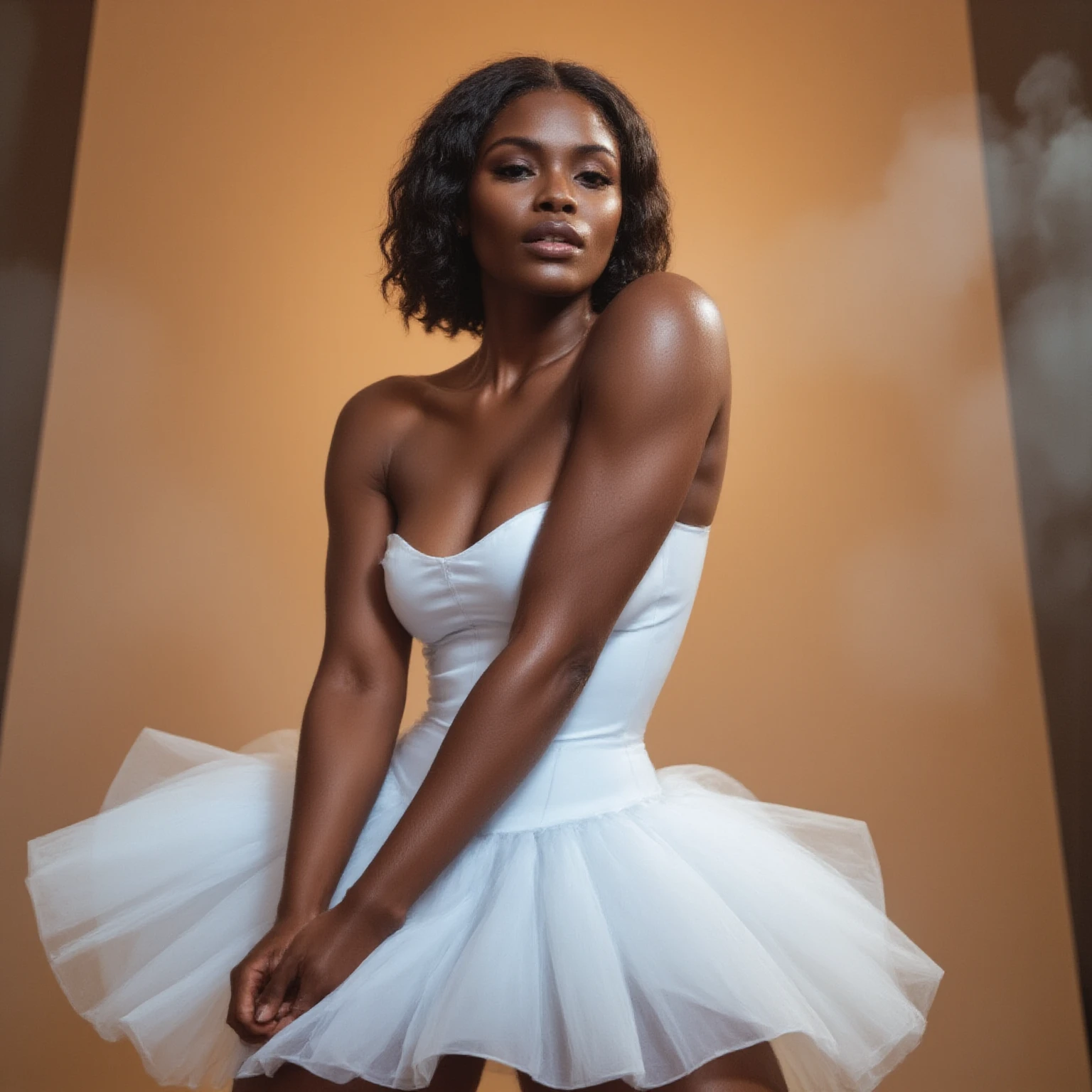 Fashion model photography, ballet dress, strong sense of design, medium shot, South African girl, short hair, hair accessories, delicate skin, smile, simple background, high texture, glare backlight, professional studio lighting