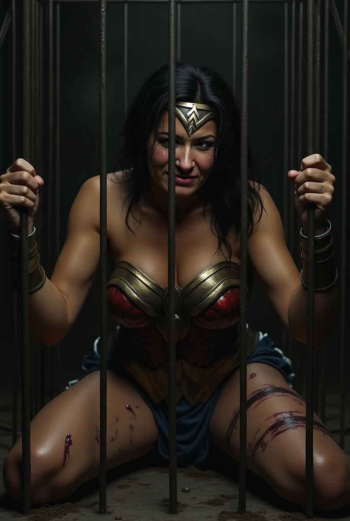 Wonder Woman (hanging trapped), handcuff, leg tied, tied by thugs, (crowded), (mans in background try to tied her:1.2), tied, bound, (Restrained), BDSM, (two man tied her up:1.2), (ropes all over body), (terrify:1.1), breast grabbed.