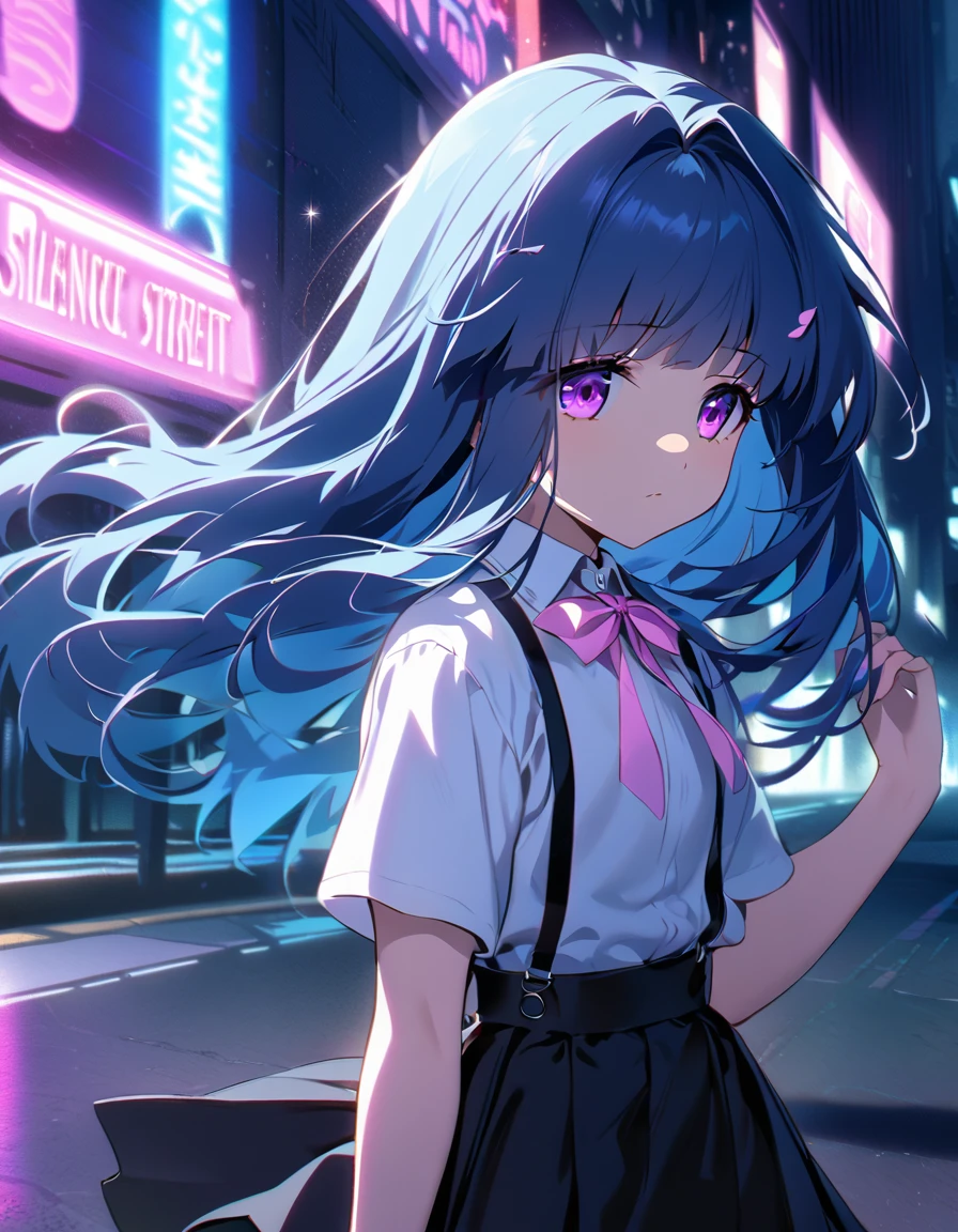 Furude Rika,  girl, Alone,  NEON STREET , pink and blue light , Reflected Light, Sharp Shadows,  hair fluttering in the wind, modern, Urban Background, City atmosphere, Silence of the Night, Fantastic Light ,  blue hair ,  purple eyes,  white shirt ,  pink ribbon  ,  suspenders,  black skirt ,