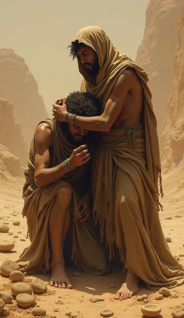 Man holding leg, naked body of skinny Arab boy, chest poured with wax,' anus, barren sunny spot, cactus trees, snakes wrapped around boy's hips