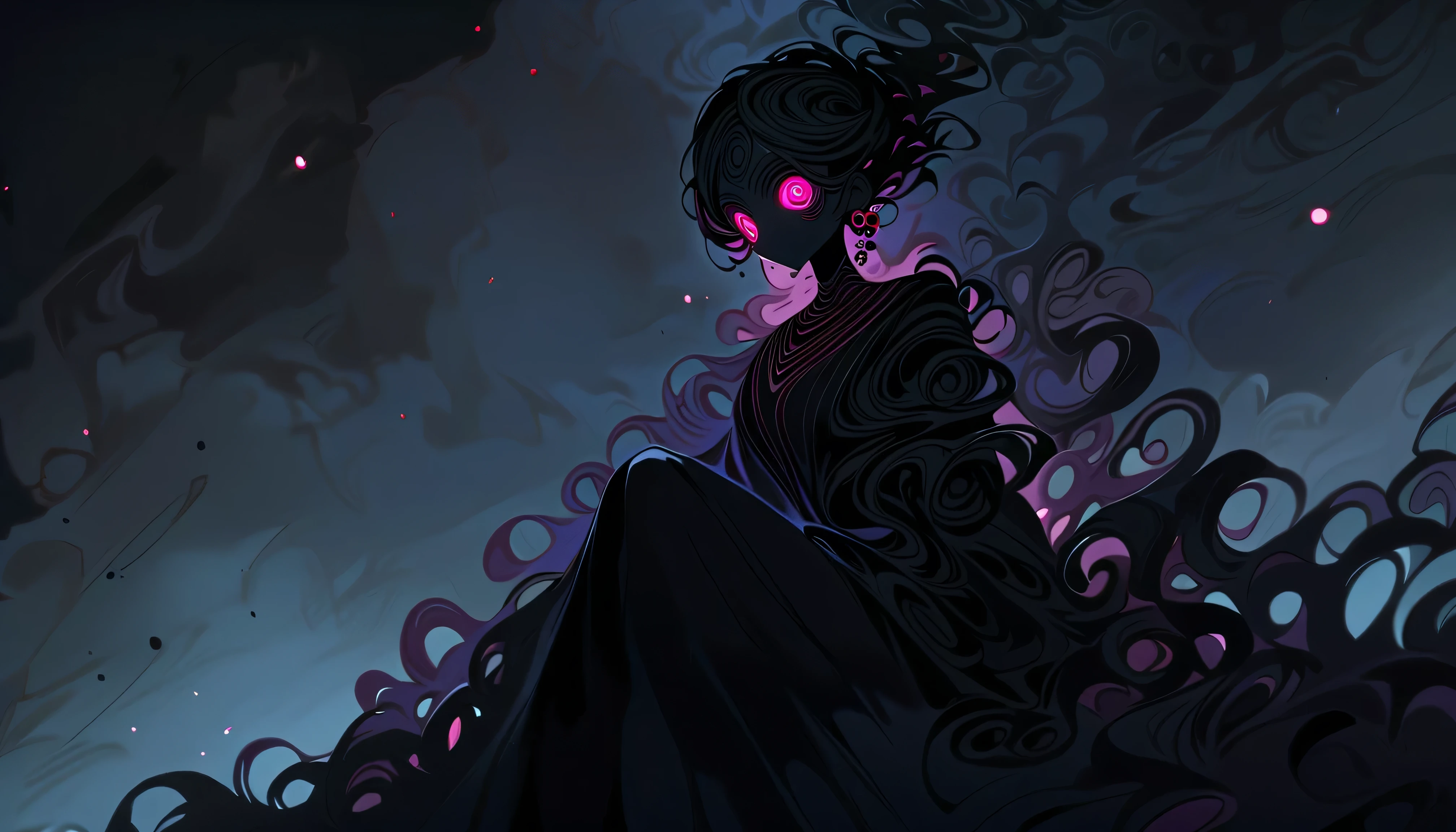 (well done:1)woman, completely dark skin, black spirals all over her body, long straight black hair, black cross earrings, completely white glowing eyes, black long-sleeved t-shirt with white spirals, black pants, black shoes. sitting on a rock in a forest