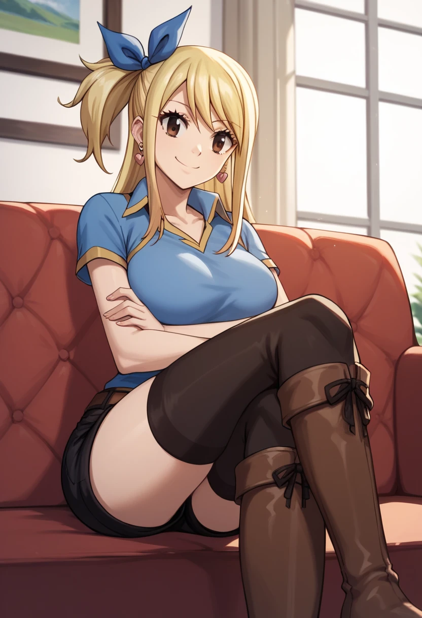 score_9, score_8_up, score_7_up, score_6_up, score_5_up, score_4_up, source_anime, 1girl,lucy heartfilia, smile, blonde hair, long hair, side ponytail, blue ribbon, brown eyes, middle breasts, earrings, thigh high boots, brown boots, blue shirt, black shorts, crossed legs, sit, sofa, room, best quality, best res, 4K UHD,
 