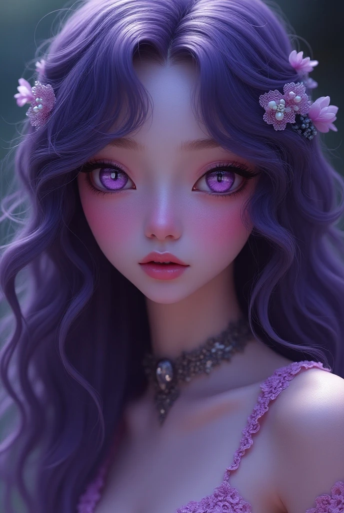 Purple hair, beautiful woman, long hair, curly hair, purple eyes, dress up, flower on head