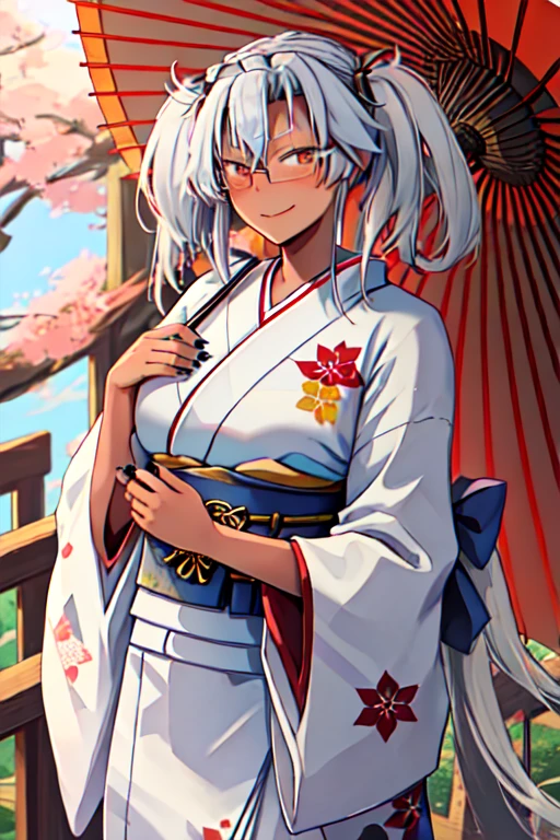 Best Quality, masterpiece,  Hi-Res, Alone, {musashi_ kantaicolection :1.15}, dark-skinned_woman, dark_skin, Glasses, length_hair, hair_between_eye, breast, big_breast, white_hair,  twin tails, brown_eye, smile, red_eye, , Half Rim _Glasses, black_nail, gray_hair,  1 girl, alternine_ costume, gray_kimono, Japanese_Clothes, kimono,  stare _in_ viewer , yukina, holding, heart, Oil paper_umbrella, rectangle_Glasses, sash, umbrella,  upper _body