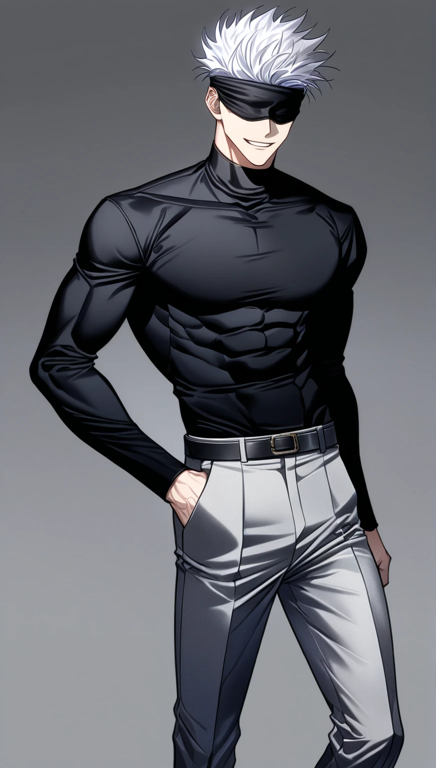 (simple background, grey background), ((full-body)), feet out the frame, standing, 1man, Gojou Satoru, Jujutsu Kaisen, smile, extremely detailed face, black blindfold, covered eyes, white hair, solo, sexy man, handsome, ((korean male fashion, black shirt and pants)), (masterpiece, best quality, HDR, absurd resolution, high resolution, ultra detailed)