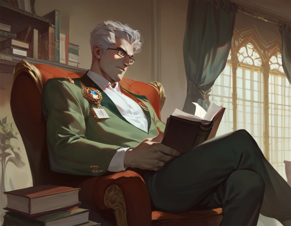 Italian man. Gray hair , Alone. Room. wearing a doctor's uniform. (18th century) Sitting in an armchair reading a book. Night. 