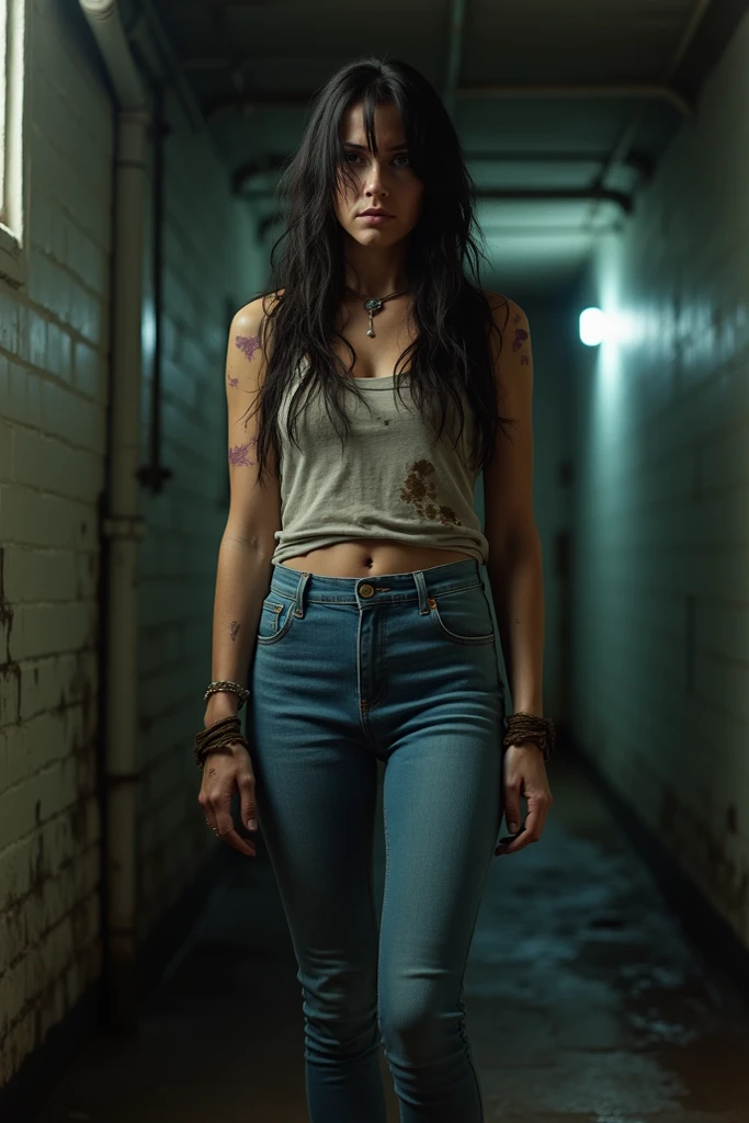 A young female zombie with only half her body out of a grave in a central and frontal angle towards the camera. She is wearing a modern and casual outfit. She is looking at the camera and posing like a model. The background is a single color, It&#39;s like a studio photograph. It&#39;s a fun and cool photo