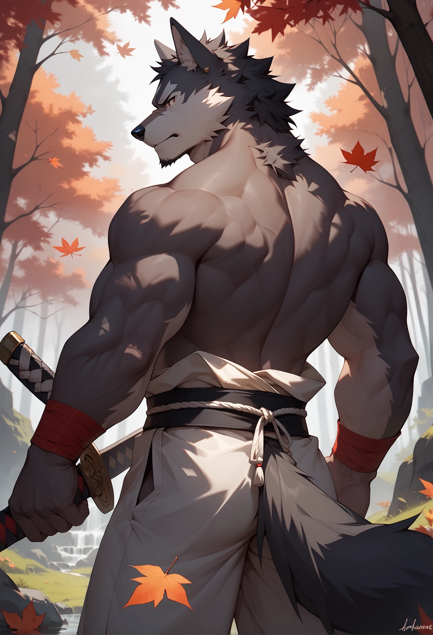 furry, furry male,male focus, tail, 1 boy (:2.1), wolf, hairy wolf, short hair, man, muscular, black hair, black skin, samurai suit, earrings, in a maple leaf forest, muscular adult male, smooth (:1.5), serious gaze (:1.6), attacking stance，Holding a Japanese-style sword in his hand，Red maple leaves，With their backs to