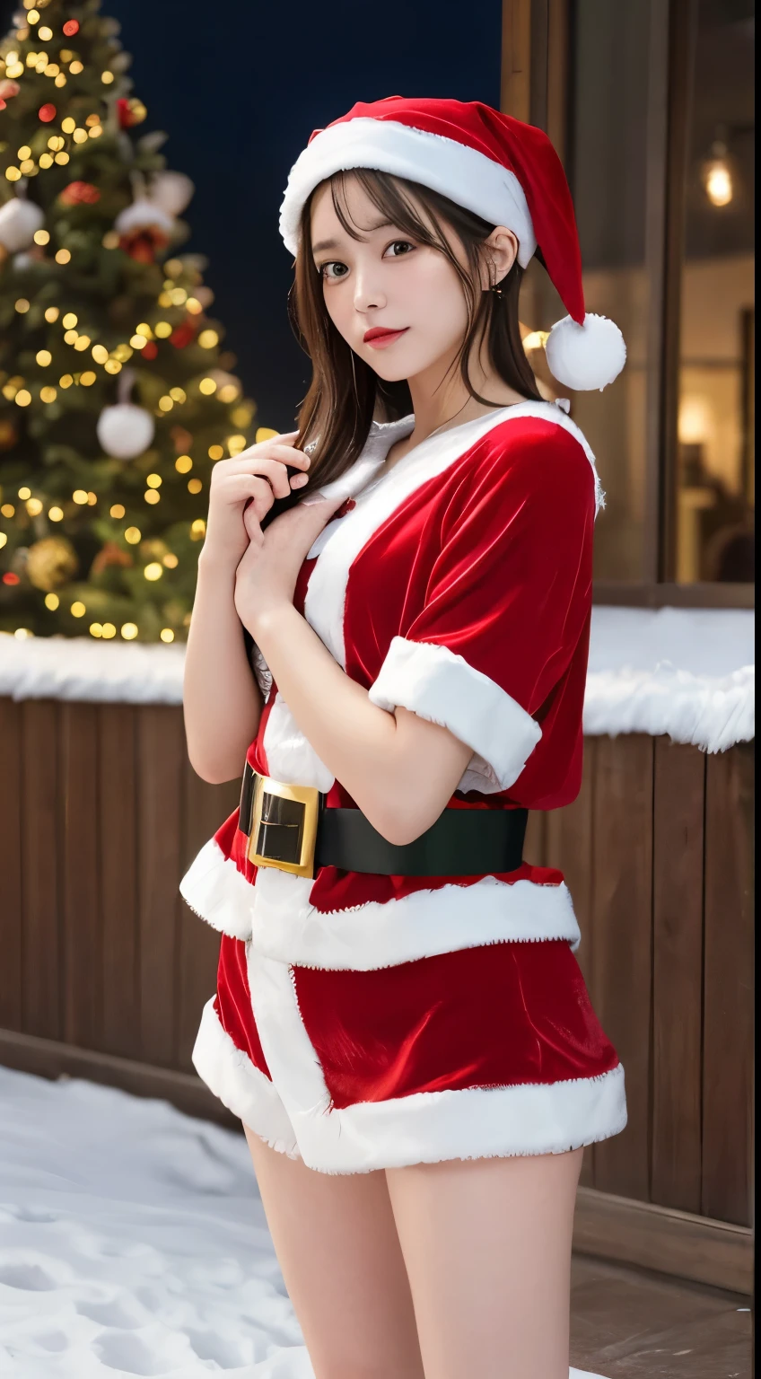 masterpiece, Best Quality, shape, Very   Details,   Details,  最 Hi-Resの8K壁紙,  perfect dynamic configuration ,  beautiful details ,   natural lips,(  Santa Claus costume :1.5), ， mini skirt，Symmetric, Beautiful and cute super young girl, 美しい Detailsな唇, 極めて Detailsな顔,   natural makeup,  Incredibly beautiful skin , (Best Quality,4K,8k, Hi-Res,masterpiece:1.75),(超 Details,Realistic,photoRealistic,photo-Realistic:2.0),Professional, bright color ,  studio lighting,Snowy night city,christmas eve，stand，whole body， Staring at the Camera ， look in front