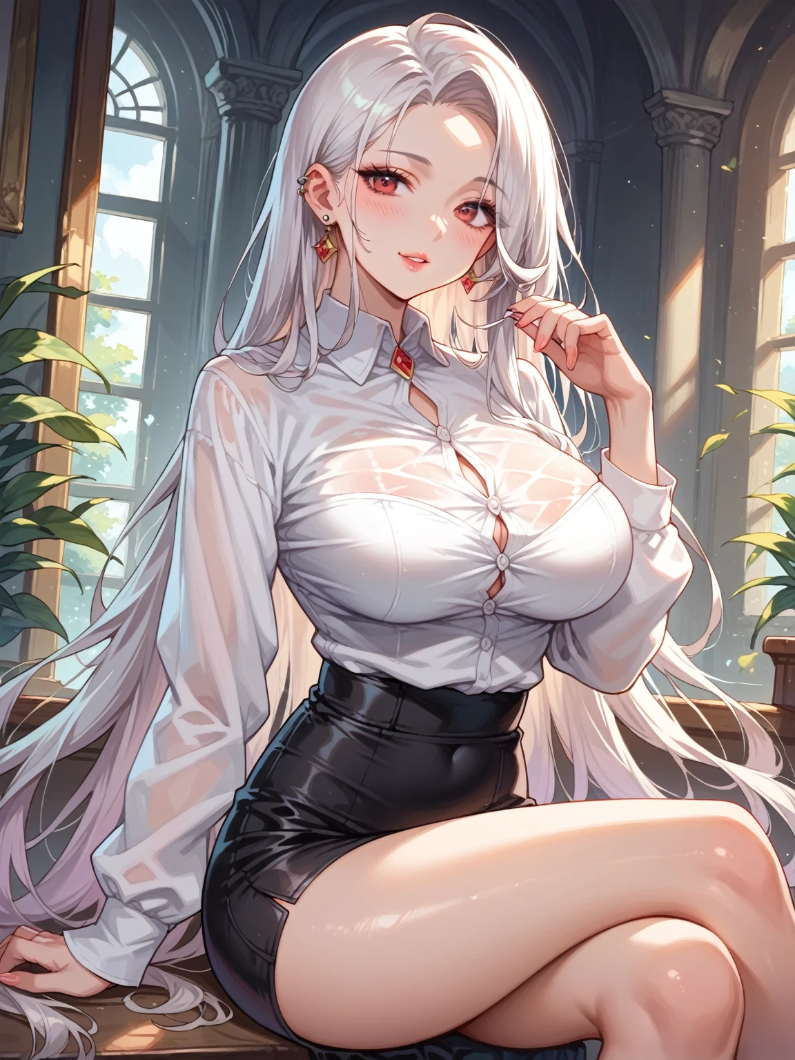 score_9_up, score_8_up, score_7_up, A detailed illustration in anime style. A young woman with long flowing white hair. She had an intense and seductive expression with smooth flawless skin, piercing red eyes, and a hint of red on her cheeks. She wears an elegant, form-fitting, shimmering white tight shirt and black mini skirt. The background is a castle venue, and the lighting effect with a soft gradient of light grey and white tones highlights her hair and outfit. She is sitting elegantly, with the regal expression of superiority, slim and tender, she has huge breasts, with a close-set European face.