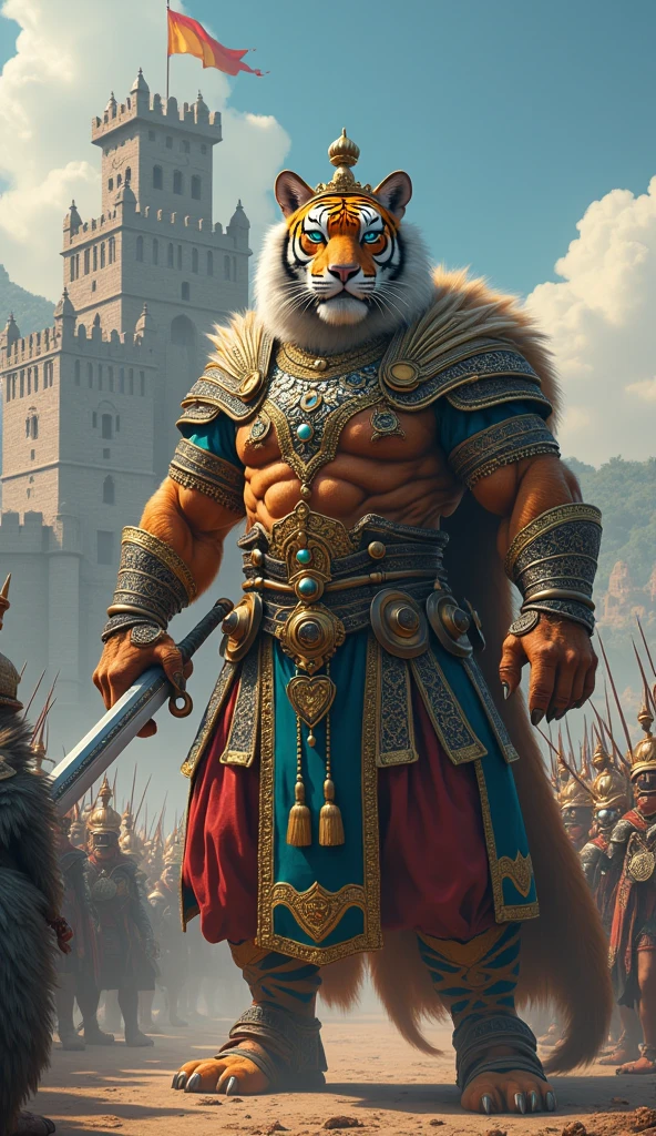 (photorealism:9.16) Make a picture facing the camera of a burly body tiger,  her eyes are blue ,  wearing the clothes of an ancient royal king , hand carrying sword , was standing in front of a giant hybrid duck,  behind him there is a war army ,  against the background of ancient royal fortress , wide, full body image, realistic 4k images
